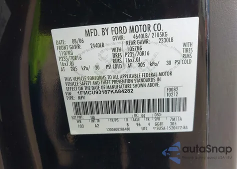 2007 Ford Escape Xlt/Xlt Sport из США, поврежденный, VIN 1FMCU93187KA84282